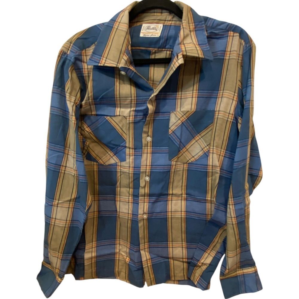 Fleetline Button Up Shirt Long Sleeve Point Blue Beige Mens‎ L Plaid Cowboy